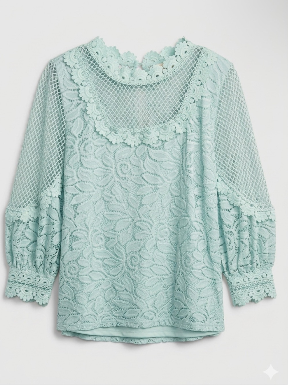 B My Story Lace Crochet Puff-Sleeve Top in Mint